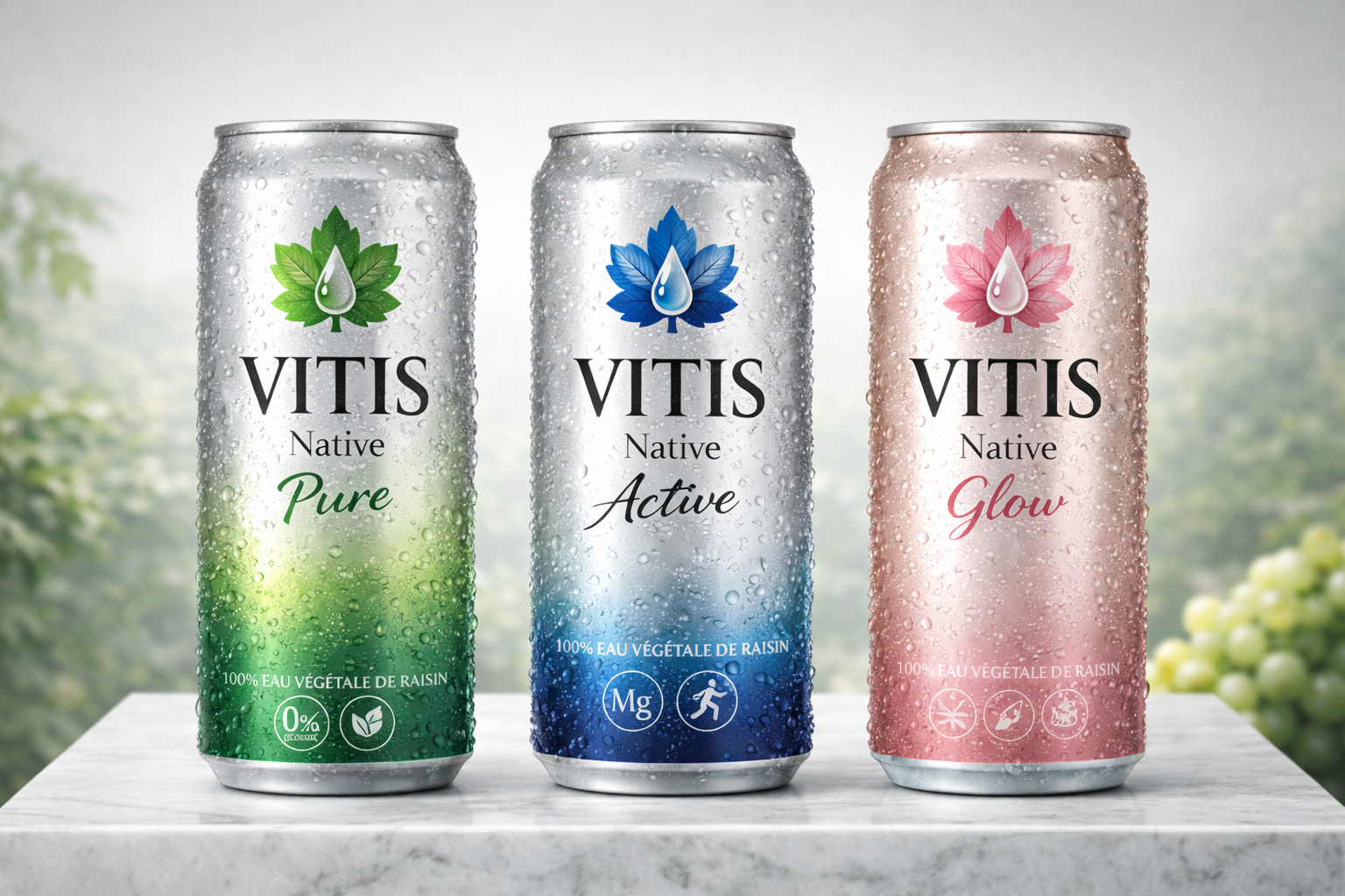 Trois canettes VITIS Native — Pure, Active et Glow