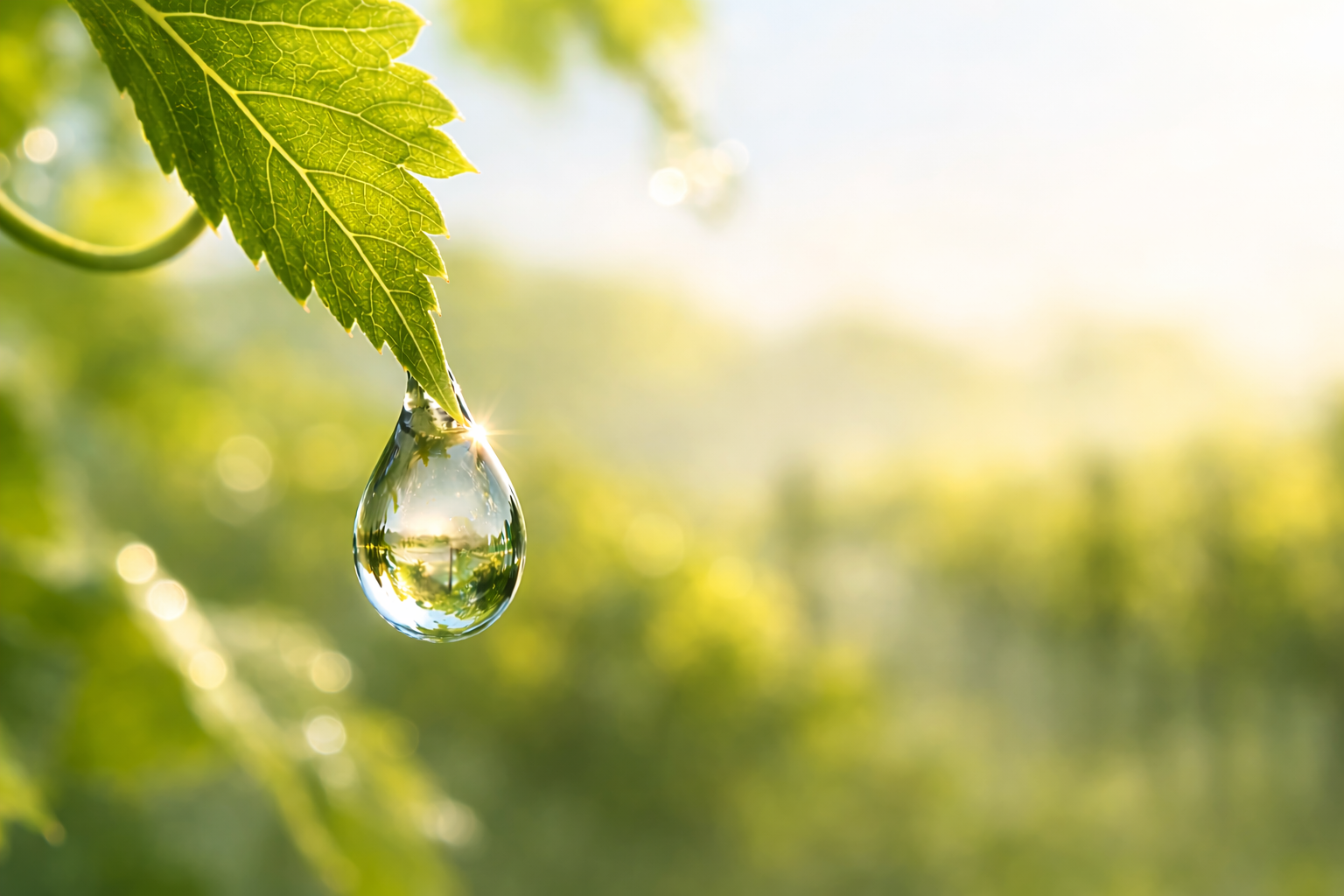 Une goutte d'eau suspendue à une feuille de vigne au soleil